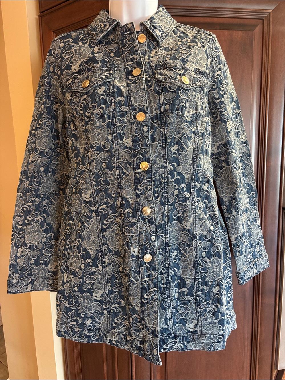 Chico's Dark Navy Floral-Print Denim Jacket with Brass Buttons